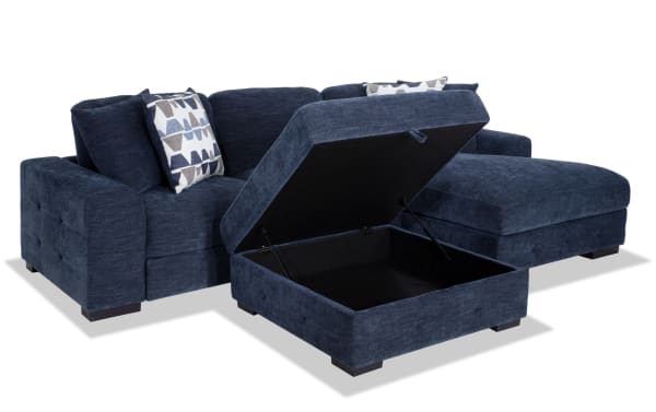 Playground Navy 116" 2-piece contemporary sectional with right arm facing pop-up sleeper loveseat, polyester fabric, storage chaise and ottoman, navy blue.