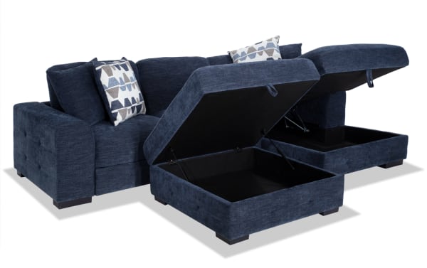Playground Navy 116'' 2-piece right arm facing sectional with polyester fabric, memory foam cushions, pop-up sleeper loveseat, and storage ottoman.