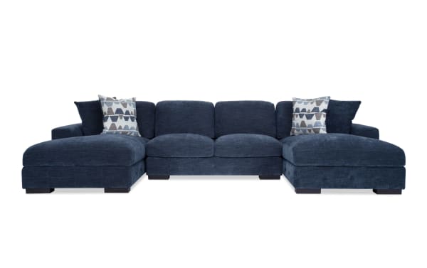 Playground Navy 148'' 3 Piece Dual Storage Chaise Sectional in navy blue polyester fabric, featuring deep cushions with Bob-O-Pedic Memory Foam, hand-tufted texture, and hidden storage under chaises for blankets and pillows. Contemporary style, spacious seating with oversized accent pillows.