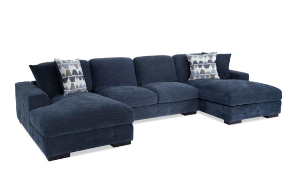Contemporary Playground Navy 148'' 3 Piece Dual Storage Chaise Sectional in blue polyester fabric with plush memory foam cushions, hand-tufted detailing, and hidden storage under chaises for pillows and blankets.