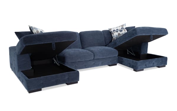 Playground Navy 148'' 3 Piece Dual Storage Chaise Sectional in navy blue polyester fabric, contemporary style with hand-tufted cushions and hidden storage.