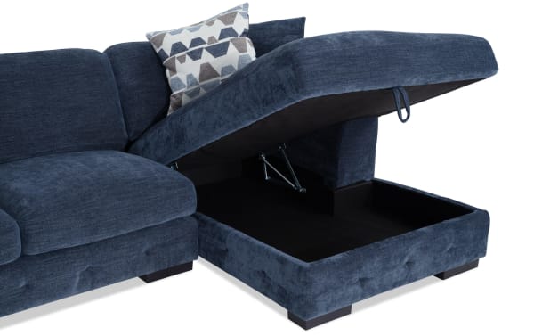 Playground Navy 148'' 3 Piece Dual Storage Chaise Sectional in navy polyester fabric with hand-tufted cushions and hidden storage.