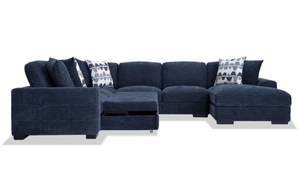 Playground Navy 145'' 4-piece right arm facing sectional with pop-up sleeper chaise, navy polyester fabric, memory foam cushions, tufted detailing, and storage.