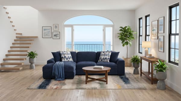Contemporary Playground Navy 116" 2-piece left arm facing pop-up sleeper chaise sectional with navy polyester fabric, memory foam cushions, storage chaise, and hand-tufted details.