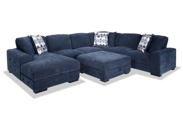 Contemporary Playground Navy 4-piece left arm facing sectional with pop-up sleeper loveseat, storage chaise, and fabric polyester upholstery.