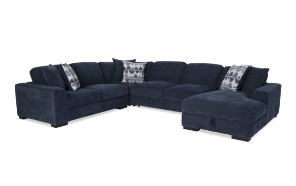 Playground Navy 145'' 4 Piece Right Arm Facing Chaise Sectional with Armless Pop-Up Sleeper in navy polyester fabric, contemporary style with tufted detailing and storage chaise.
