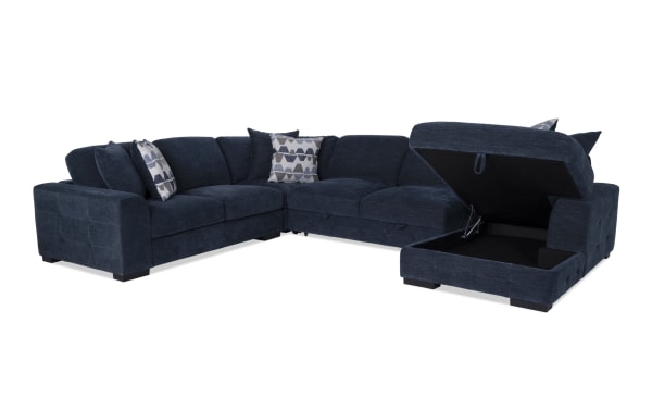 Playground Navy 145'' 4 Piece Right Arm Chaise Sectional with armless pop-up sleeper, navy polyester fabric, memory foam cushions, tufted detailing, and storage chaise.