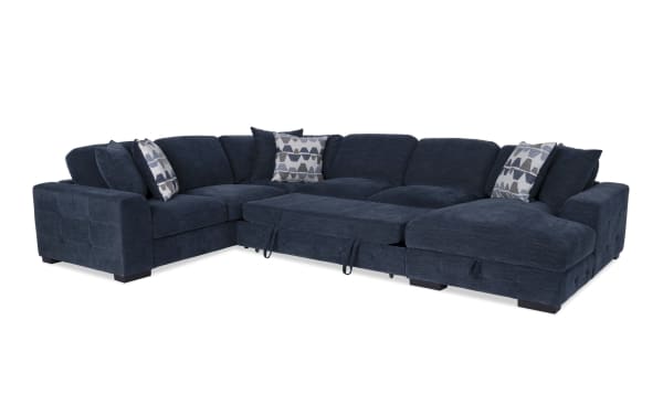 Playground Navy 145'' 4-piece right arm facing chaise sectional with armless pop-up sleeper, navy polyester fabric, hand-tufted contemporary design, memory foam cushions, and storage chaise.