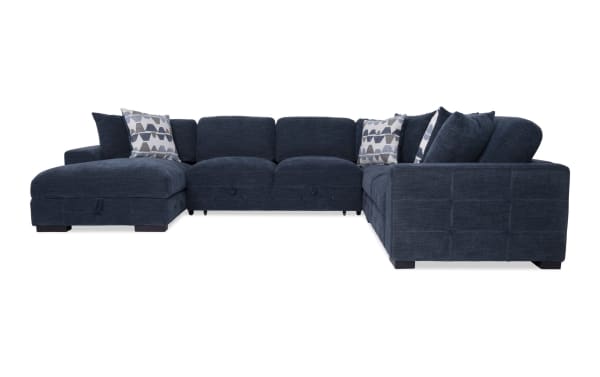 Contemporary Playground Navy 145'' 4-piece sectional with left-arm chaise, polyester fabric upholstery, tufted cushions, storage chaise, and armless pop-up sleeper.
