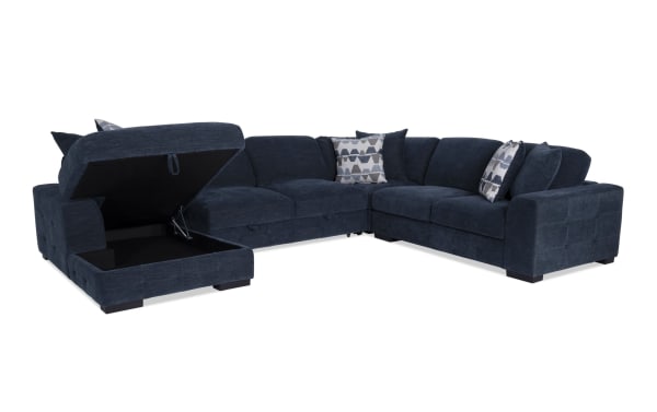 Playground Navy 145'' 4-piece left arm chaise sectional with armless pop-up sleeper, navy polyester fabric, memory foam cushions, storage chaise, and tufted contemporary design.