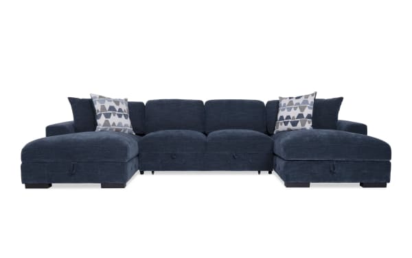 Contemporary Playground Navy 3-piece dual chaise sectional with armless pop-up sleeper, navy polyester fabric, memory foam cushions, and storage space.