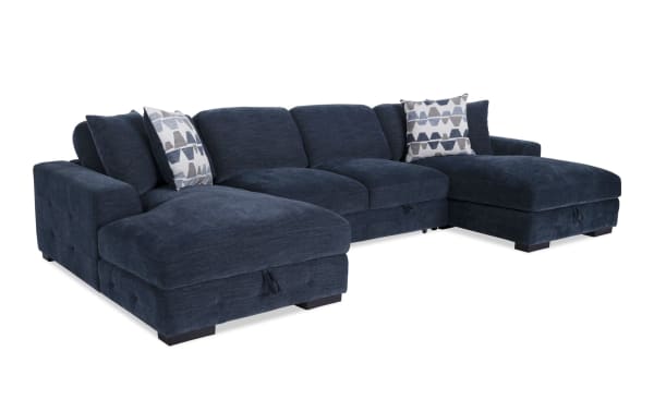 Contemporary Playground Navy 148" 3-piece dual chaise sectional with armless pop-up sleeper, navy polyester fabric, tufted texture, and oversized accent pillows.