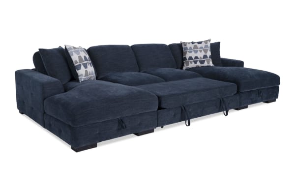 Playground Navy 148" 3 Piece Dual Chaise Sectional with armless pop-up sleeper, navy polyester fabric, hand-tufted, memory foam cushions, oversized pillows, and hidden chaise storage.
