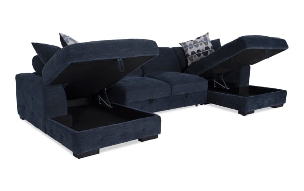 Playground Navy 3-piece dual chaise sectional with armless pop-up sleeper, navy polyester fabric, memory foam cushions, storage chaise, contemporary style.
