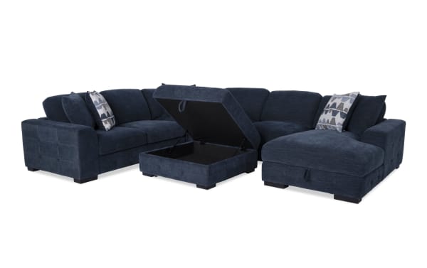 Playground Navy 145'' 4-piece right arm chaise sectional with armless pop-up sleeper and storage ottoman, navy polyester fabric, contemporary style.