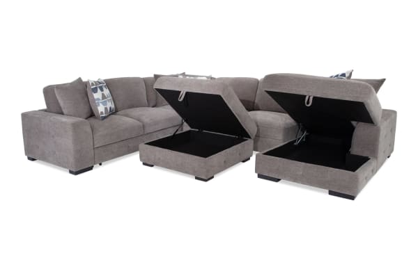 Playground Gray 4-piece right arm facing sectional with pop-up sleeper loveseat, storage ottoman, gray polyester fabric, tufted contemporary design.