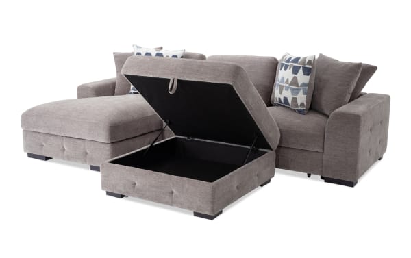 Playground Gray 116" 2-piece left arm facing sectional with pop-up sleeper loveseat, storage chaise, gray polyester fabric, tufted contemporary style.