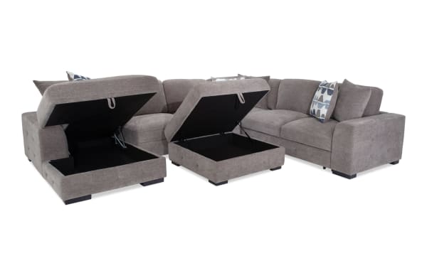 Contemporary Playground Gray 145'' 4-piece left arm facing sectional with polyester fabric upholstery, pop-up sleeper loveseat, and storage chaise ottoman.