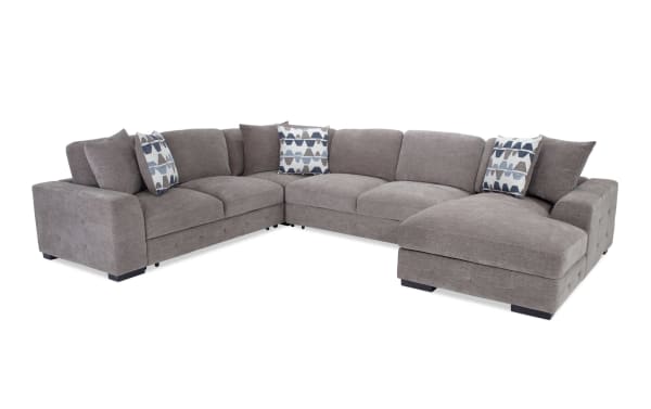 Playground Gray 145" 4-piece right arm facing chaise sectional with armless pop-up sleeper, gray polyester fabric, contemporary style, memory foam cushions, tufted details, and storage chaise.