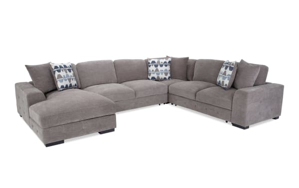 Playground Gray 145'' 4-piece left arm facing chaise sectional with armless pop-up sleeper, gray polyester fabric, contemporary style, tufted details, memory foam cushions, and storage chaise.