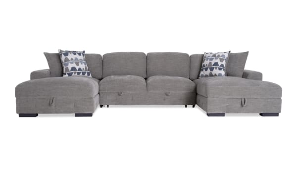 Contemporary Playground Gray 148'' 3-piece dual chaise sectional with gray polyester fabric, memory foam cushions, pop-up sleeper, and storage.