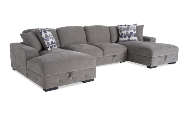 Contemporary Playground Gray 148'' 3 Piece Dual Chaise Sectional with armless pop-up sleeper, gray polyester fabric, memory foam cushions, tufted detailing, and storage chaise.