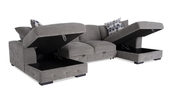 Contemporary Playground Gray 148'' 3 Piece Dual Chaise Sectional with armless pop-up sleeper, gray polyester fabric, tufted detailing, storage chaise, memory foam cushions, and oversized accent pillows.