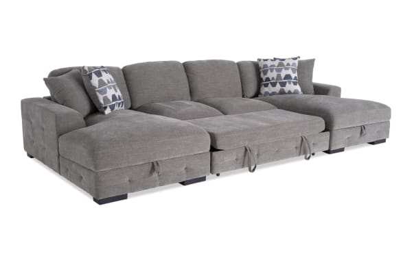 Contemporary Playground Gray 148'' 3 Piece Dual Chaise Sectional with armless pop-up sleeper, gray polyester fabric, memory foam cushions, tufted detailing, and storage chaise.