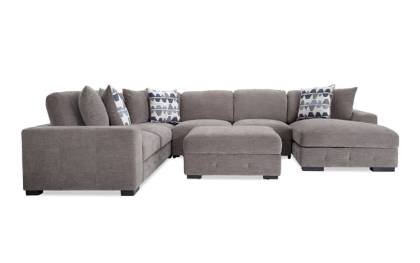 Playground Gray 145'' 4-piece right arm chaise sectional with armless pop-up sleeper and storage ottoman, gray polyester fabric, contemporary style.