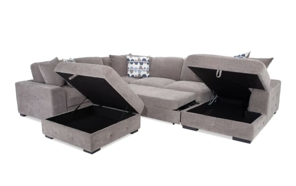 Playground Gray 145'' 4-piece right arm chaise sectional with armless pop-up sleeper and storage ottoman, gray polyester fabric, contemporary style.