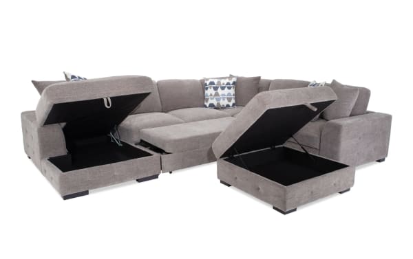 Playground Gray 145'' 4-piece left arm facing chaise sectional with armless pop-up sleeper and storage ottoman, gray polyester fabric, contemporary style, tufted detailing, memory foam cushions, and ample hidden storage.