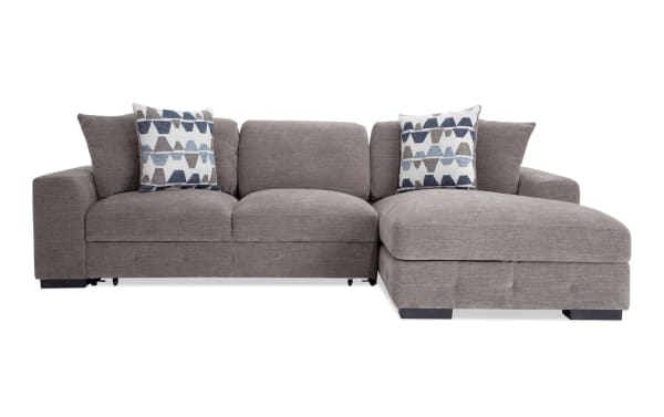 Contemporary Playground Gray 116" 2-piece right arm chaise sectional with plush gray polyester fabric, deep memory foam cushions, and geometric accent pillows.