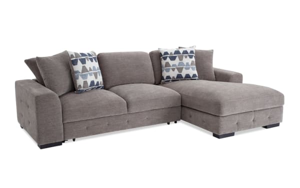 Contemporary Playground Gray 116" 2-piece right arm chaise sectional in gray polyester fabric with deep memory foam cushions, tufted detailing, and patterned accent pillows.