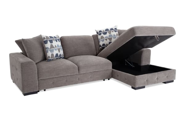 Playground Gray 116'' 2 Piece Right Arm Facing Chaise Sectional with gray polyester fabric, deep memory foam cushions, hand-tufted details, and storage chaise for small spaces.