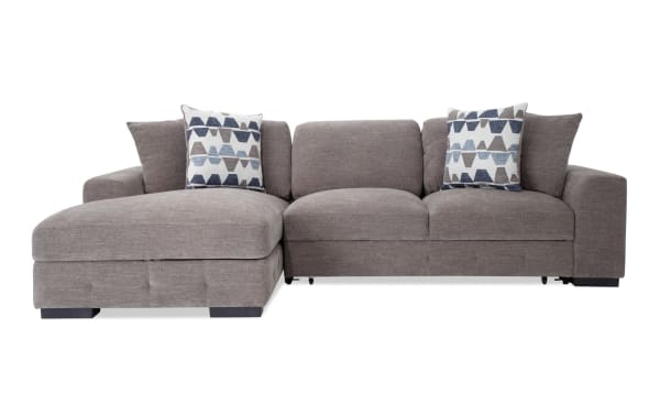 Contemporary Playground Gray 116'' 2-piece left arm chaise sectional with plush gray polyester fabric, deep memory foam cushions, and patterned accent pillows.