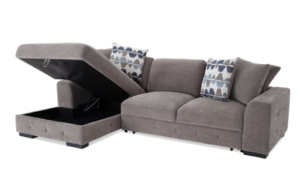 Contemporary Playground Gray 116'' 2-piece left arm facing chaise sectional with gray polyester fabric, deep memory foam cushions, hand-tufted detailing, and storage chaise.