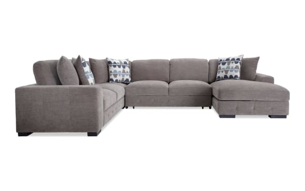 Playground Gray 145'' 4 Piece Right Arm Facing Chaise Sectional in contemporary gray polyester fabric with deep memory foam cushions, hand-tufted details, and ample chaise storage.