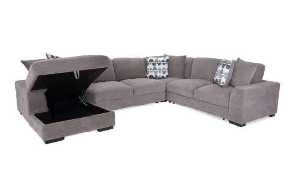 Gray Playground 145'' 4-piece left arm facing chaise sectional with polyester fabric upholstery, deep memory foam cushions, hand-tufted details, and hidden storage in chaise.
