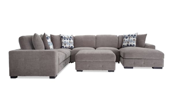 Playground Gray 145'' 4-piece right arm facing chaise sectional with storage ottoman, gray polyester fabric, contemporary style, tufted cushions, and oversized accent pillows.