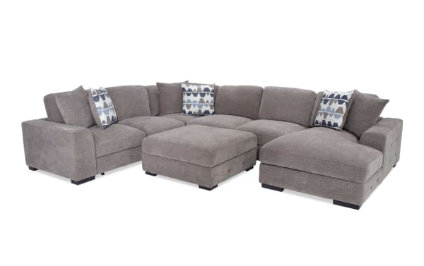 Playground Gray 145'' 4-piece right arm facing chaise sectional with storage ottoman, gray polyester fabric, contemporary style with tufted detailing and memory foam cushions.