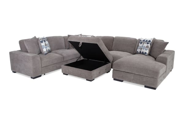 Playground Gray 145'' 4 Piece Right Arm Facing Chaise Sectional with Storage Ottoman in gray polyester fabric, contemporary style with tufted detailing, memory foam cushions, and ample hidden storage.