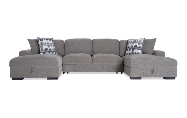 Playground Gray 148'' 3 Piece Dual Storage Chaise Sectional in gray polyester fabric with hand-tufted cushions, deep seating, and hidden storage.
