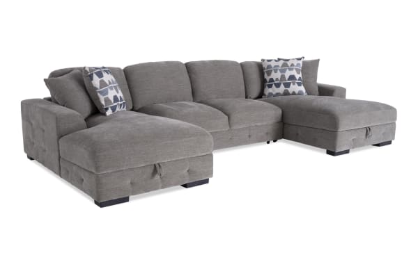 Playground Gray 148'' 3 Piece Dual Storage Chaise Sectional in gray polyester fabric with memory foam cushions, hand-tufted detailing, and hidden storage.