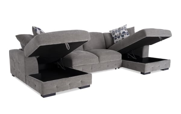 Playground Gray 148'' 3 Piece Dual Storage Chaise Sectional in gray polyester fabric with hand-tufted cushions, memory foam, and hidden storage compartments.