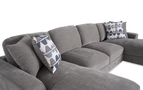Playground Gray 148'' 3 Piece Dual Storage Chaise Sectional in contemporary gray polyester fabric with plush cushions, memory foam, and patterned accent pillows.