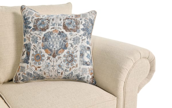 Chloe Beige 88'' sofa from Chloe Living collection, transitional style with beige polyester fabric upholstery, rolled arm, and decorative blue-beige floral accent pillow.
