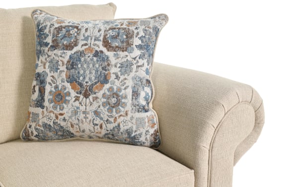 Beige Chloe 67'' loveseat from Chloe Living collection, featuring transitional style, soft polyester fabric upholstery, rolled armrest, and patterned accent pillow.
