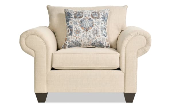 Chloe Beige Chair from Chloe Living collection, transitional style, beige polyester fabric upholstery, rolled arms, coil springs, and accent pillow.