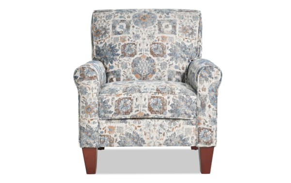 Chloe Floral Accent Chair in beige polyester fabric with transitional style, floral pattern, fiber-wrapped padding, and coil springs for comfort.