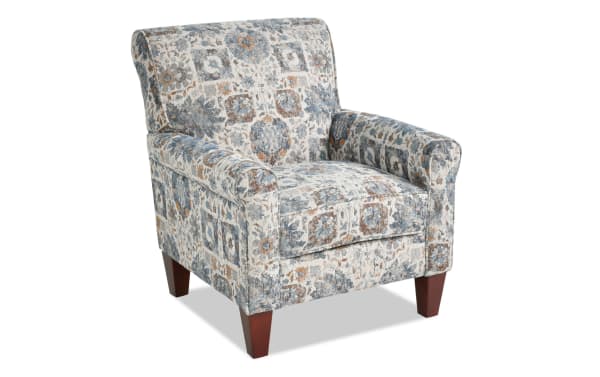 Chloe Floral Accent Chair in beige polyester fabric with transitional style, floral pattern, fiber-wrapped padding, and coil springs for comfort.